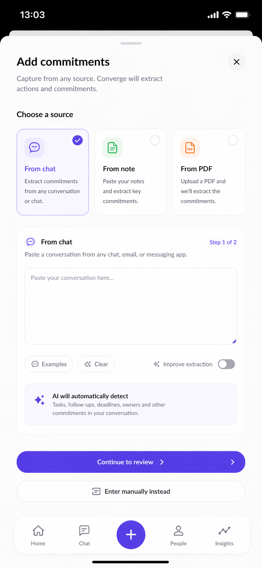 Paste any text — AI finds commitments